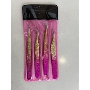 4pc Eyelash Extension Tweezer Set Professional Precision Pink Gold Ombre Tools